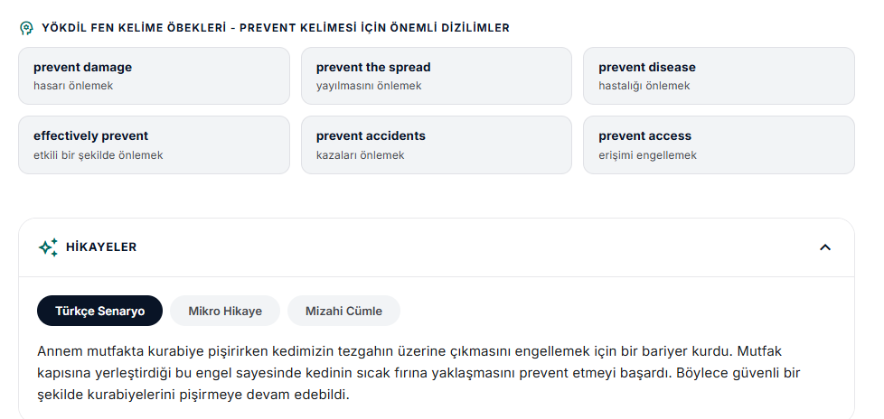 Prevent kelime öbekleri ve Türkçe hikâye ekranı