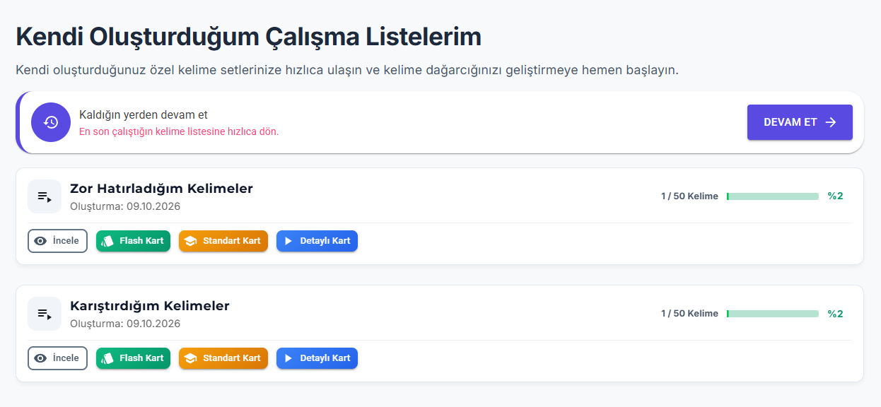 Kişisel çalışma listeleri ve incele, flash kart, standart kart, detaylı kart seçenekleri