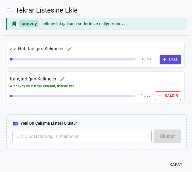Convey kelimesini tekrar listesine ekleme ve yeni çalışma listesi oluşturma ekranı